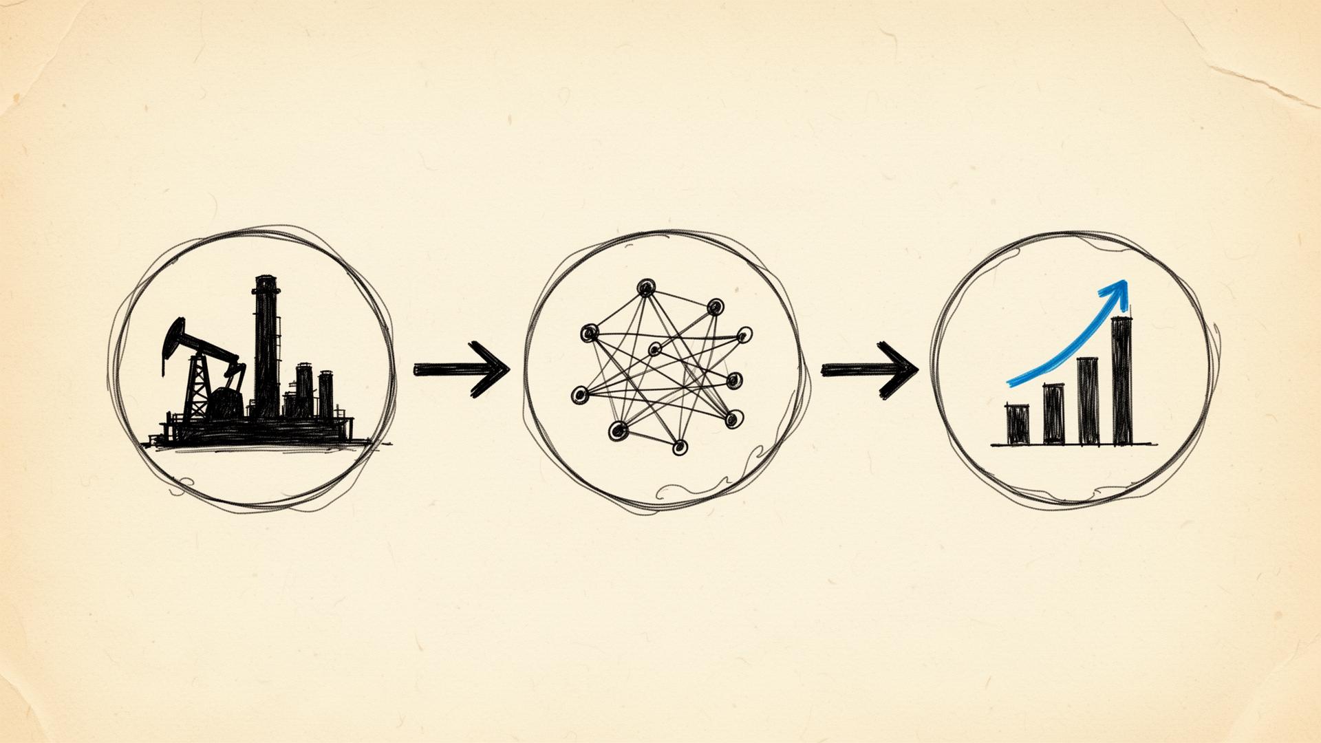 Diagrama de três círculos: refinaria, rede neural, gráfico crescente